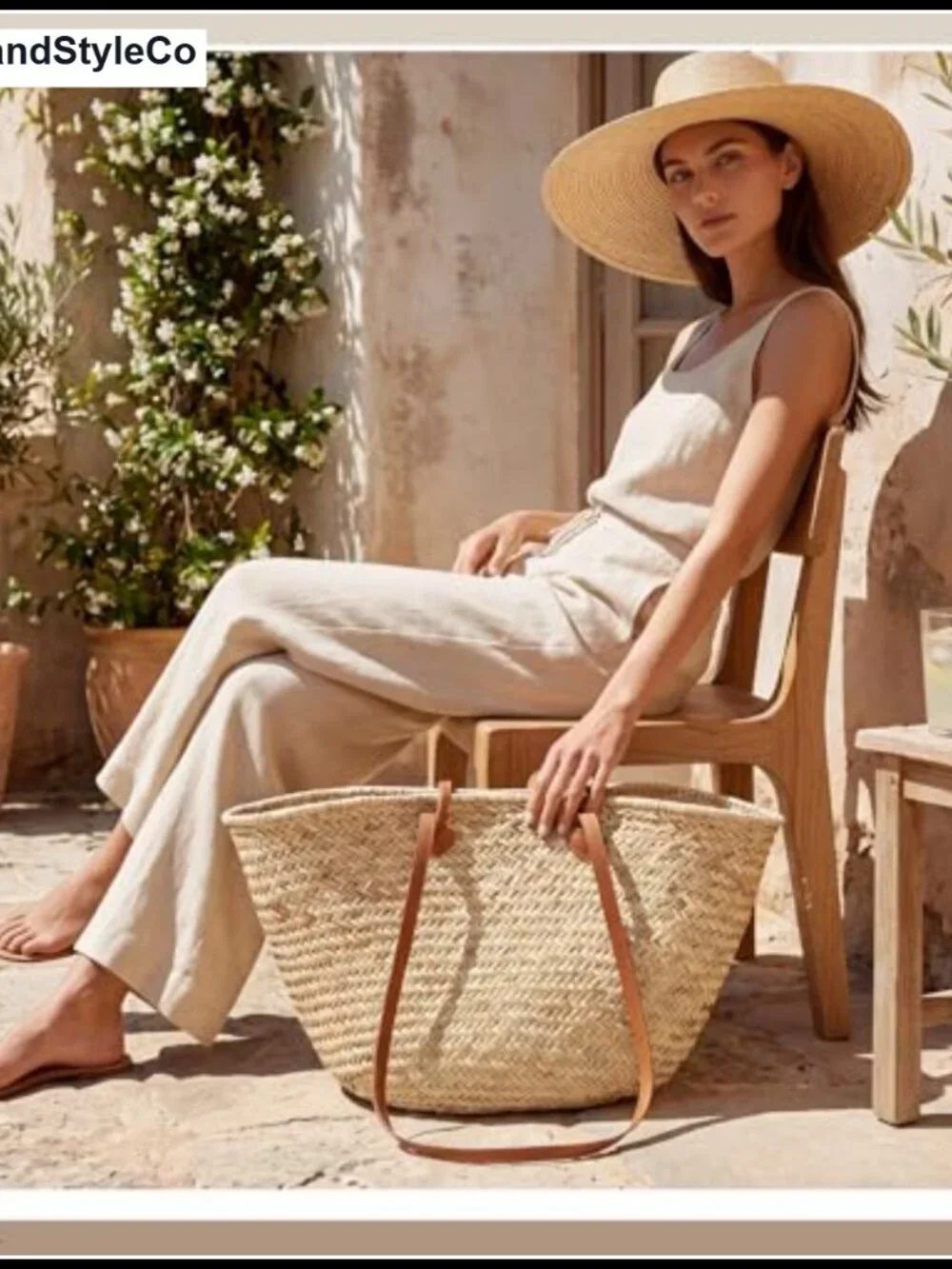 Oversized Straw Basket Tote Bag with Leather Handles & Drawstring